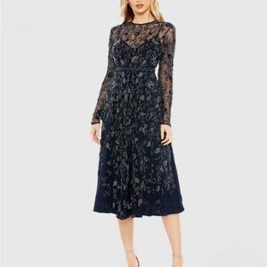 Mac Duggal Beaded Illusion High Neck Long Sleeve A Line Gown